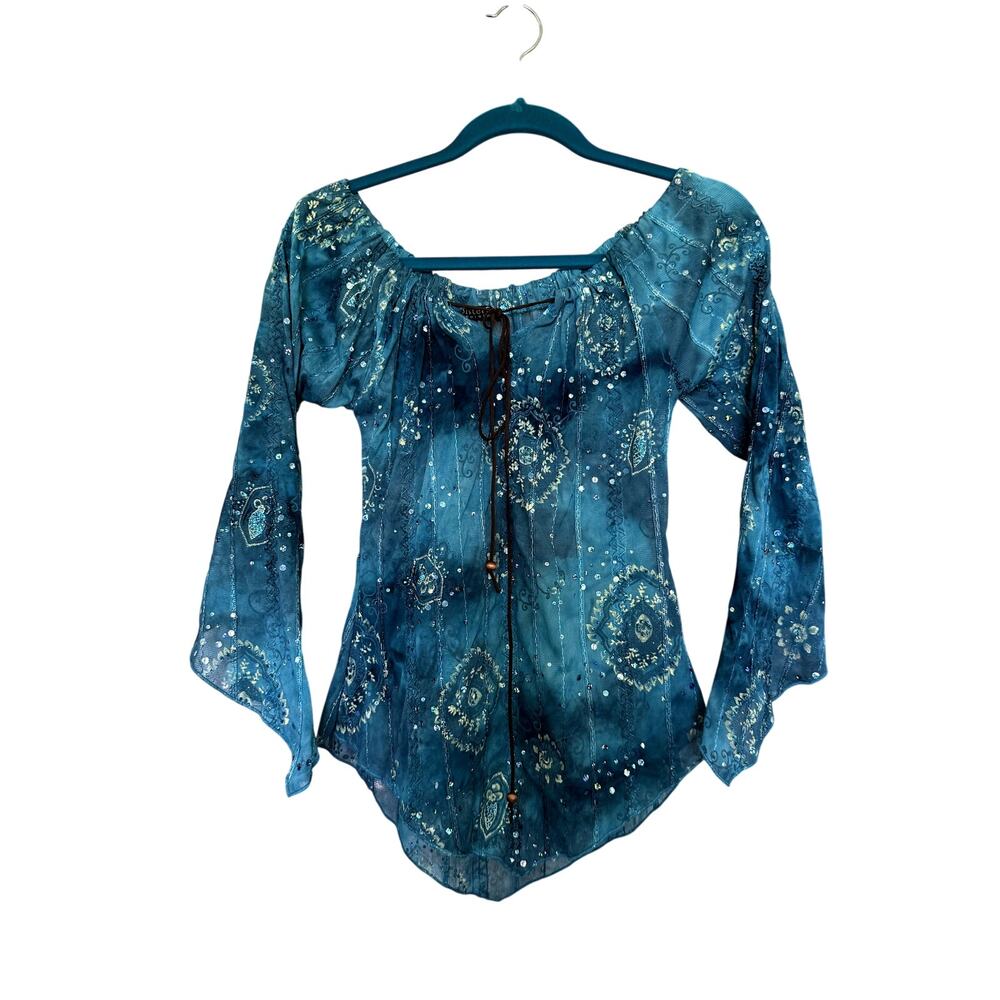 Vintage Y2K SisterS point blue tie dye mesh embellished fairy top xs/s